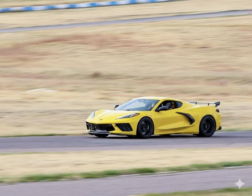Yellow Corvette C8 racing on track