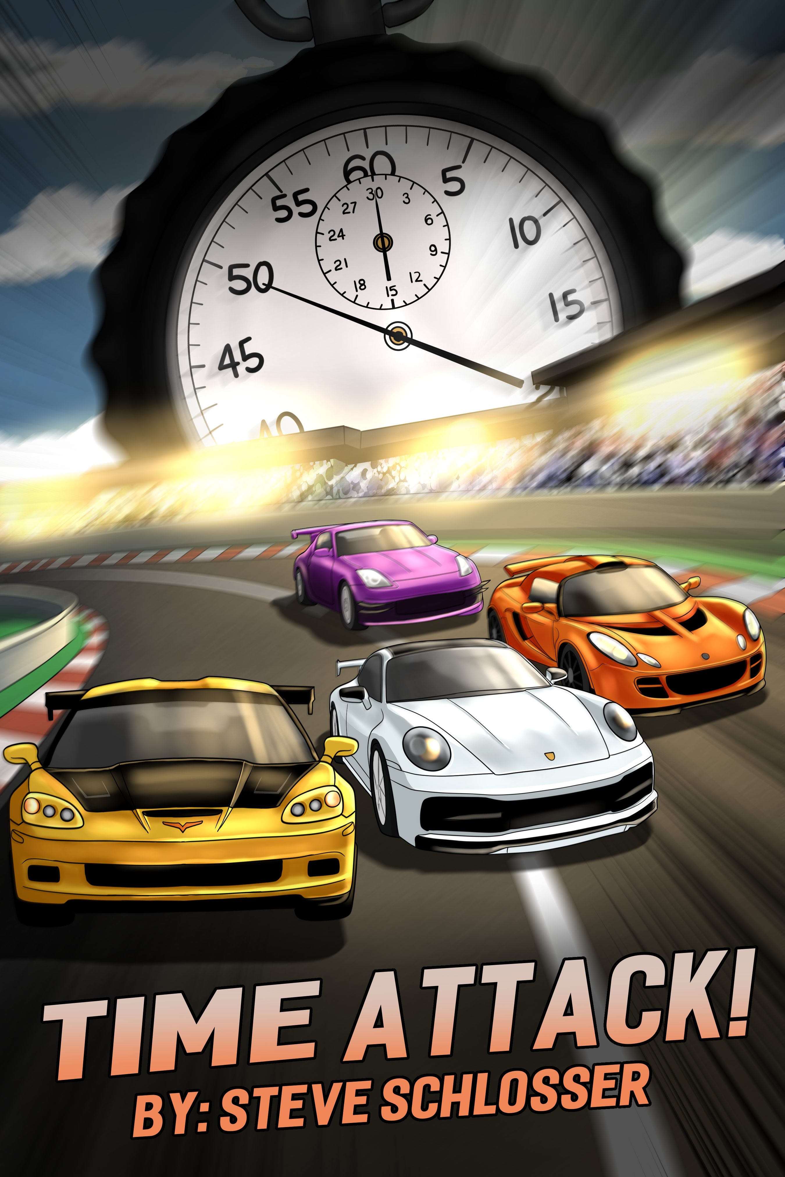 Time Attack book cover by Steve Schlosser featuring four illustrated race cars on track under a giant stopwatch